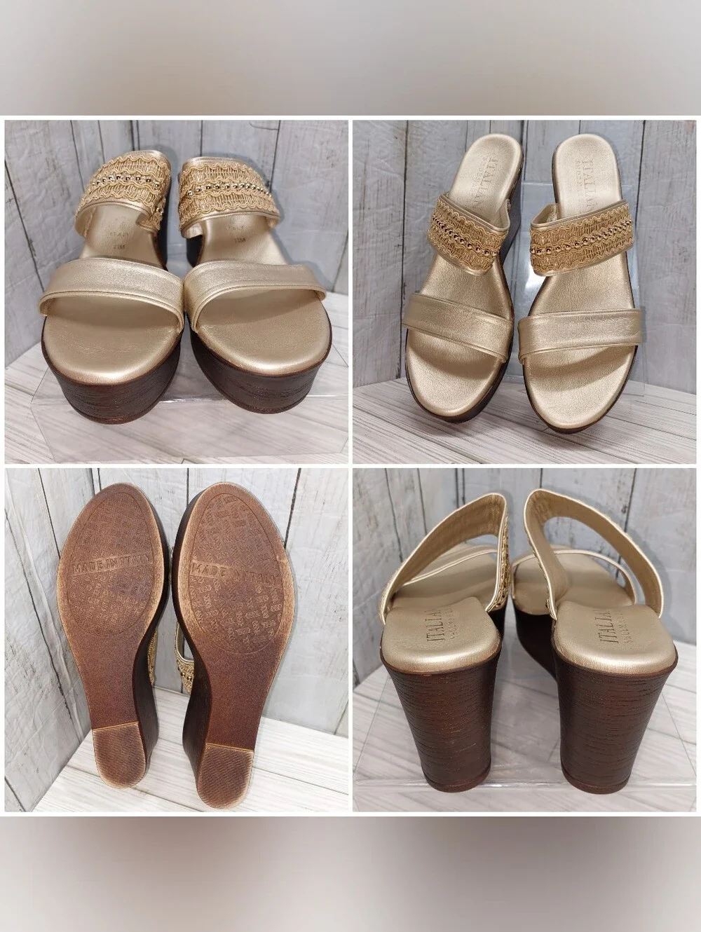 Italian Shoemakers Wmn 11M Gold Lthr Beaded Lace Strappy Wedge Platform Sandals
